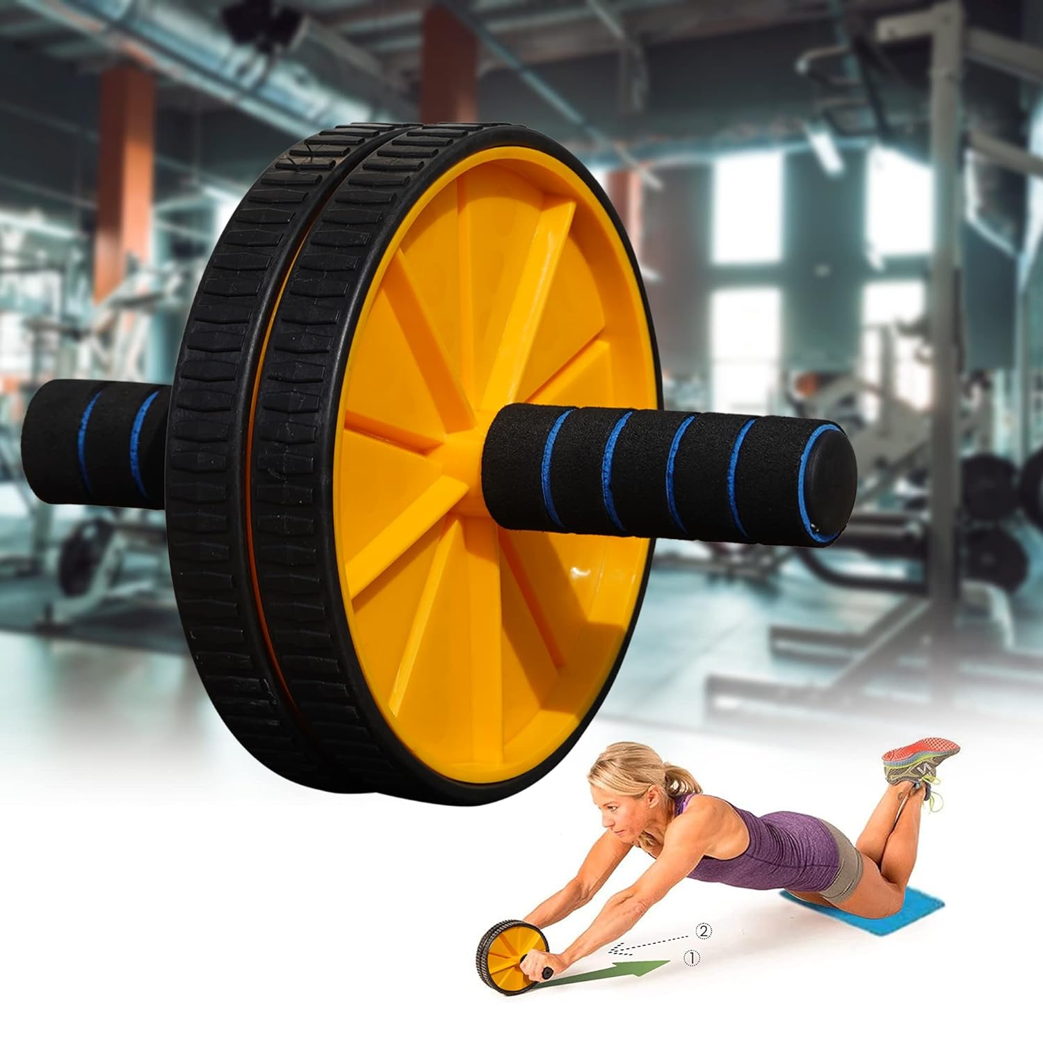 Premium Abs Roller for Men & Women – Home Workout Equipment with Knee Mat (Yellow & Black)