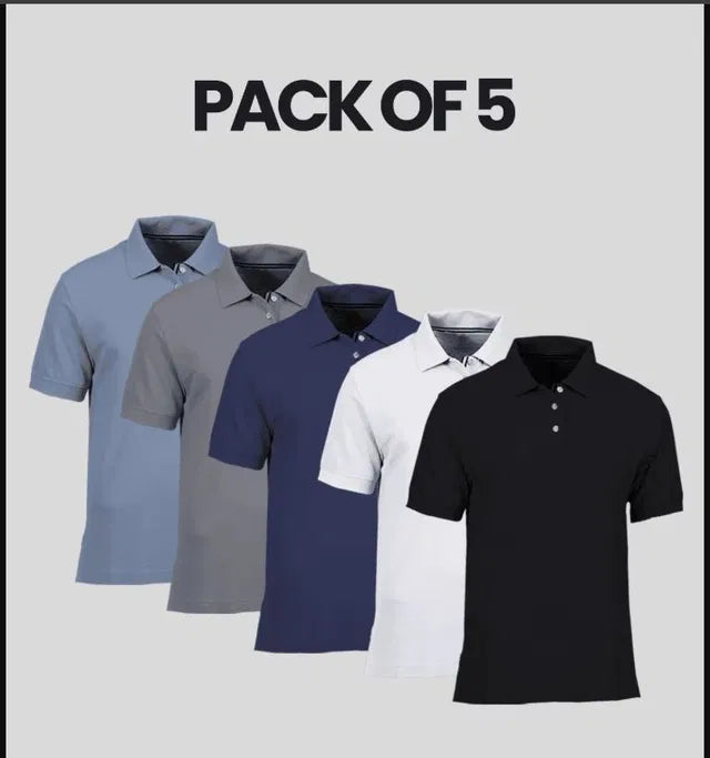 Pack of 5 Men’s Classic Polo T-Shirts – Solid Colors Combo Set